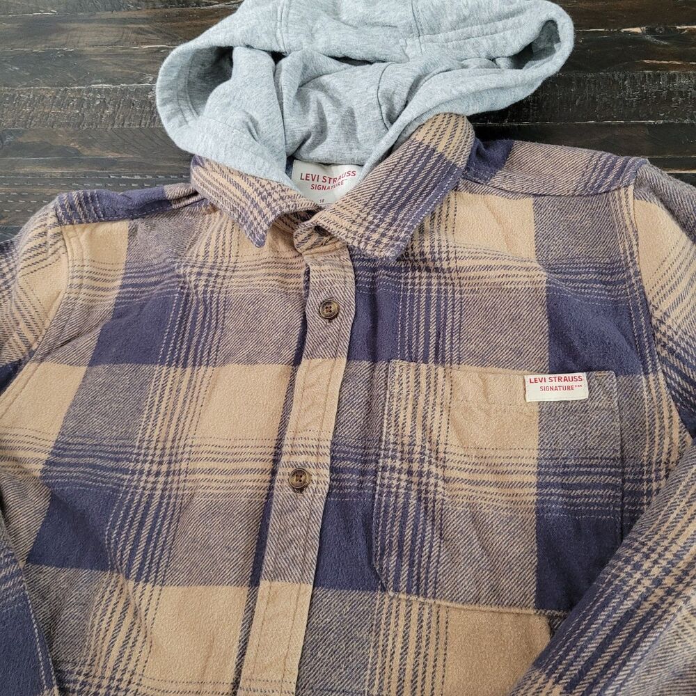 Levi Strauss Signature Boys 18 Plaid Flannel Shirt Brown Hooded